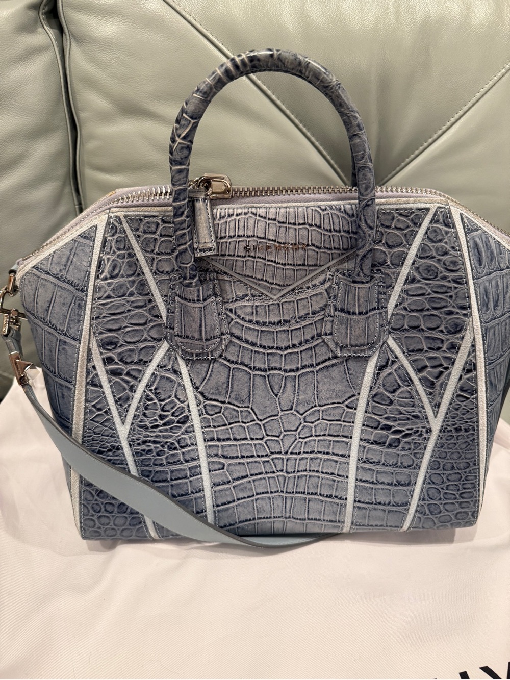 Givenchy Structured Croc-Embossed Satchel Bag in Light Blue & Denim Blue